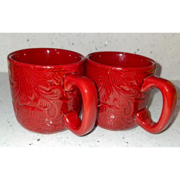 Rare HiEnd Accents Savanna Tooled Leather Look Stoneware Coffee Mugs Red St of 2 - Picture 8 of 9